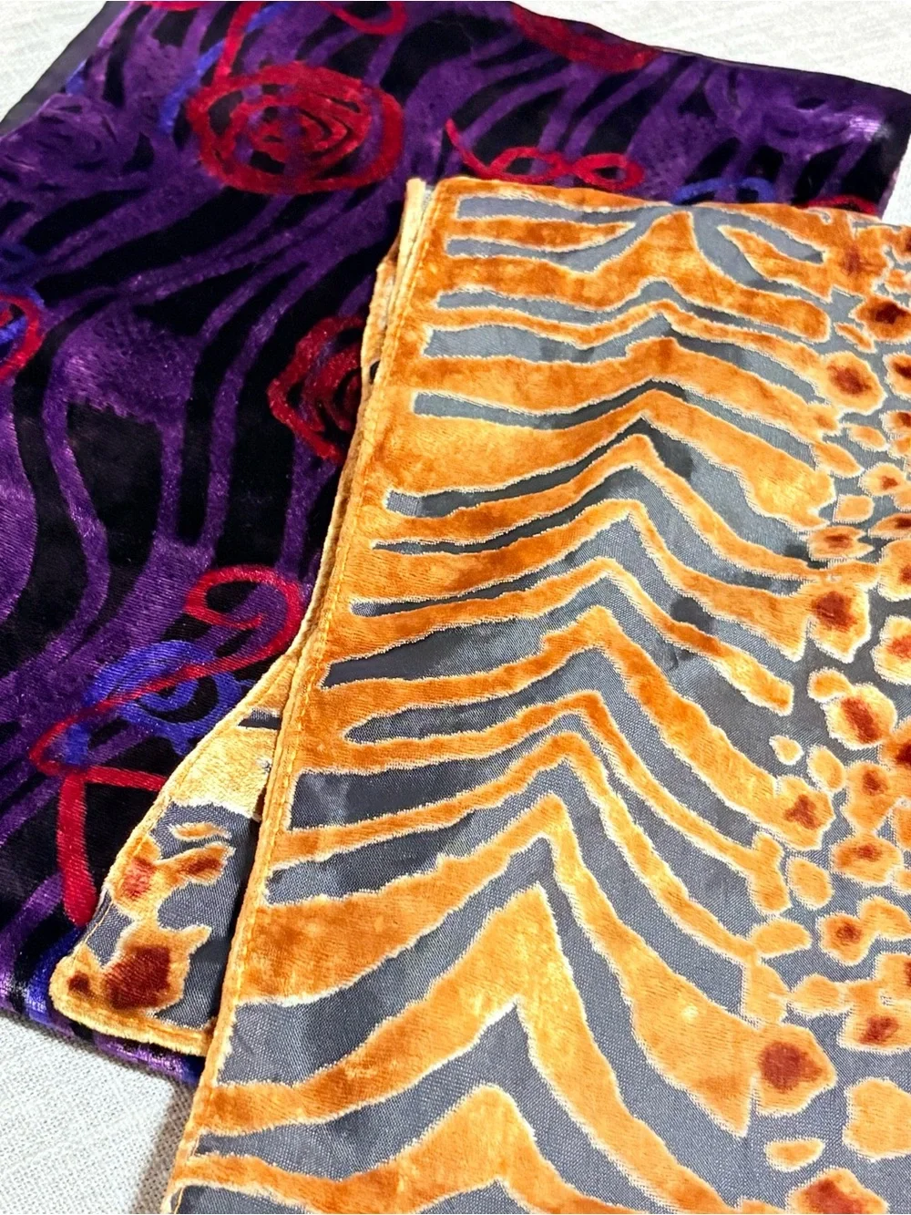 Two Velvet Long Women's Scarfs Purple & Black Abstract and Animal Print